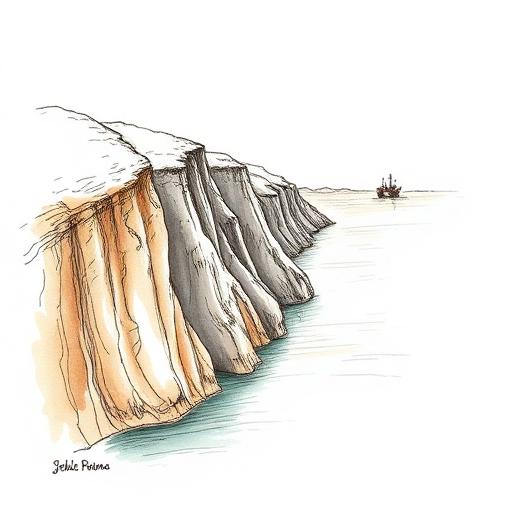 Illustrated landscape of a Norwegian fjord with an offshore oil rig